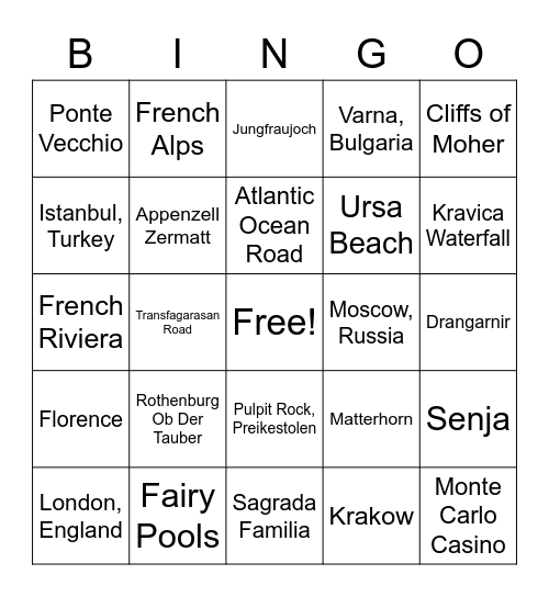 Top 100 Places in Europe Bingo Card