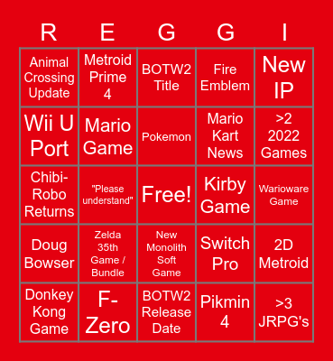 Nintendo E3 Bingo Card