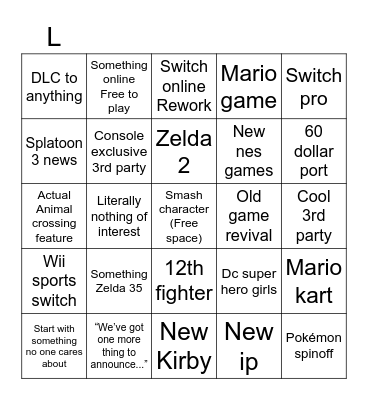 Nintendo bingo Card