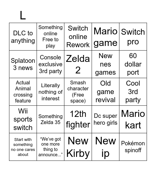 Nintendo bingo Card