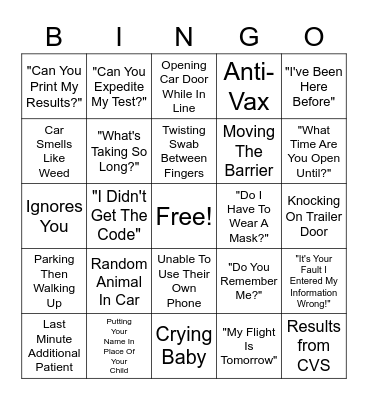 Covid Testing Patient Bingo Card