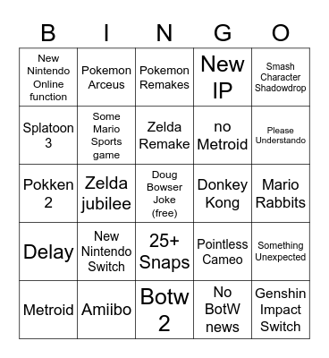 Nintendo E3 Bingo Card