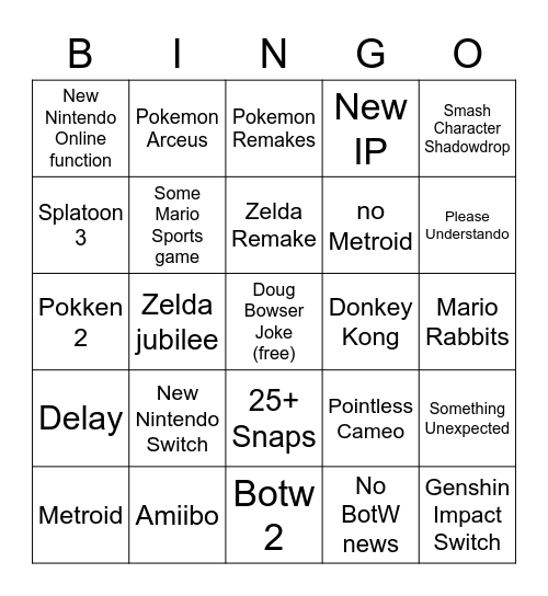 Nintendo E3 Bingo Card