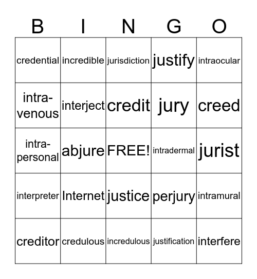 Prefixes "inter-," "intra-" & Roots "cred," "jur, jus, jud" Bingo Card