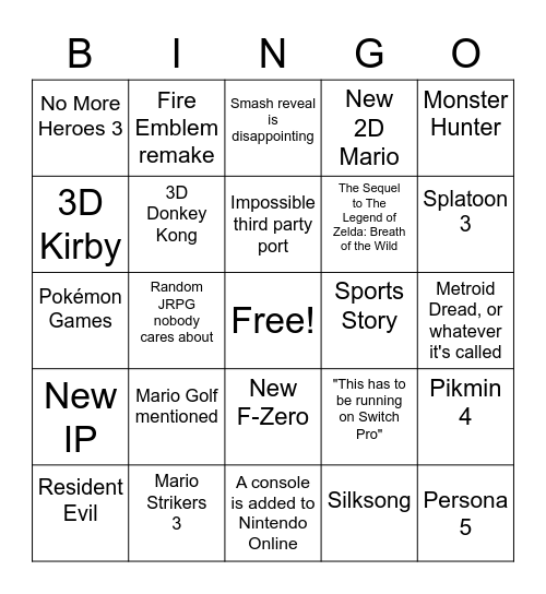 Nintendo E3 2021 Bingo Card