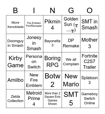 E3 2021 Nintendo Direct Bingo Card