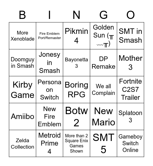 E3 2021 Nintendo Direct Bingo Card