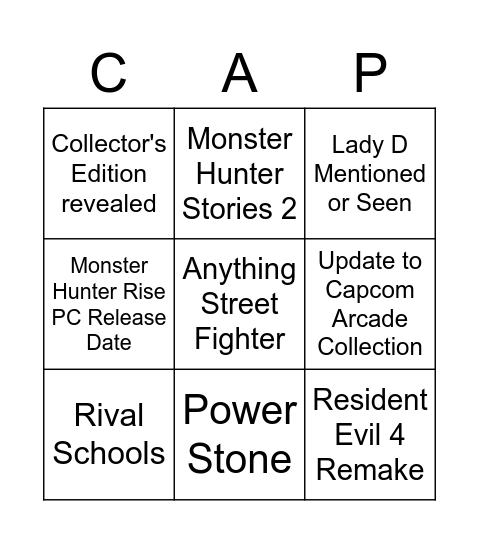 Capcom E3 Bingo Card