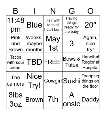 Mommy To Be Bingo Card