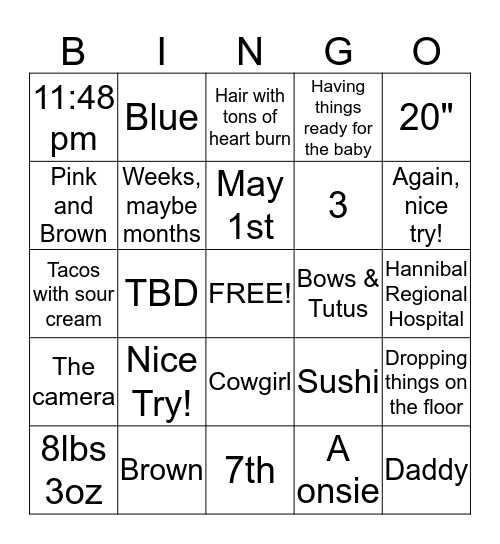 Mommy To Be Bingo Card