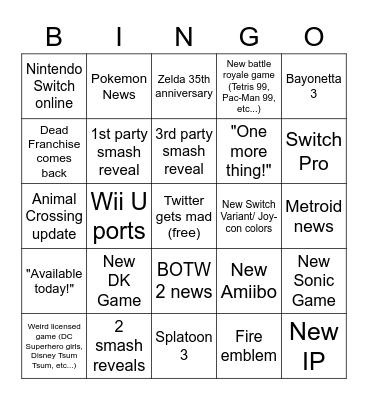 E3 2021 Nintendo Direct Bingo Card