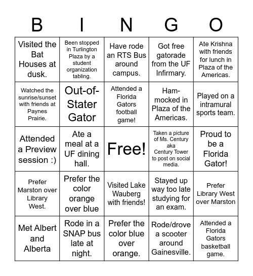 UF PREVIEW BINGO Card