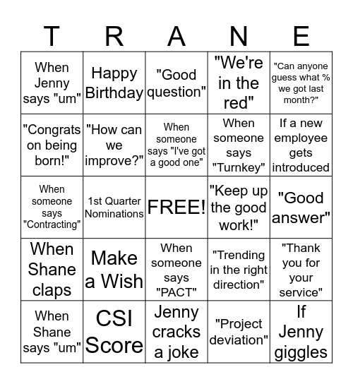 Trane Bingo Card