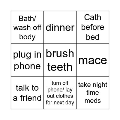 Evening Routine Bingo Card
