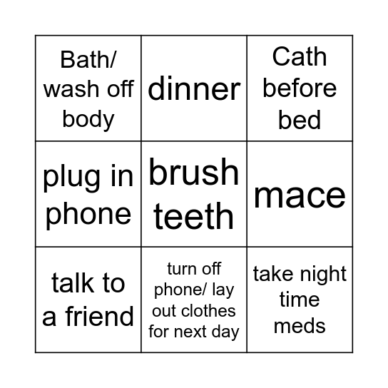 Evening Routine Bingo Card