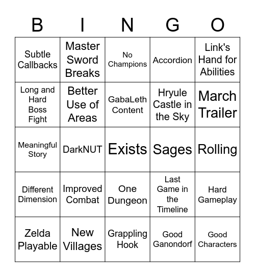 Breath of the Wild 2 Bingo Card