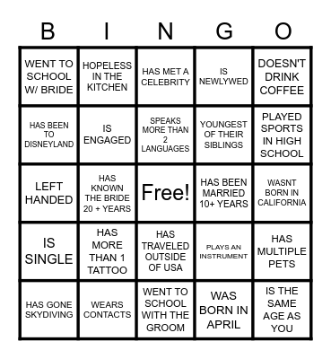 wedding bingo Card