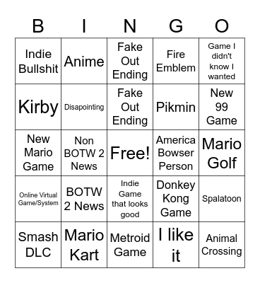 Nintendo E3 Bingo Card