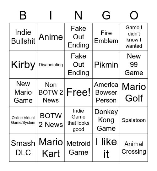 Nintendo E3 Bingo Card