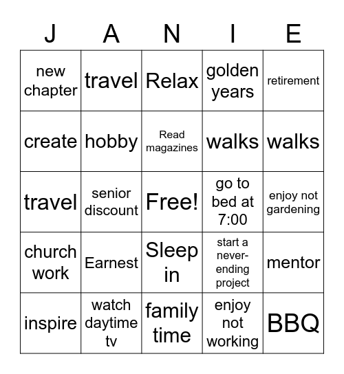 Retirement Bingo Card