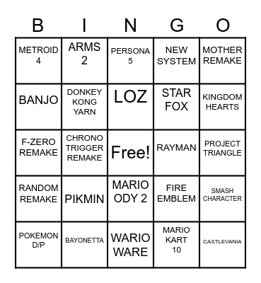 NINTENDO E3 Bingo Card