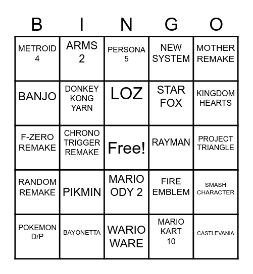 NINTENDO E3 Bingo Card