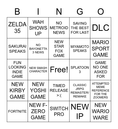 NINTENDO E3 Bingo Card