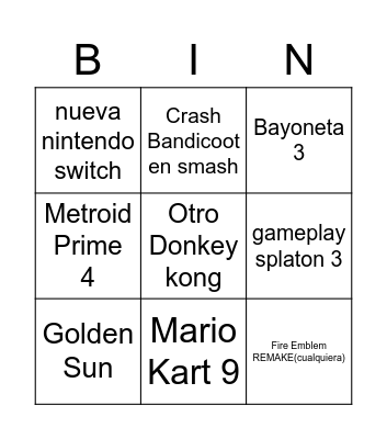 E3 Bingo Nintendo Bingo Card