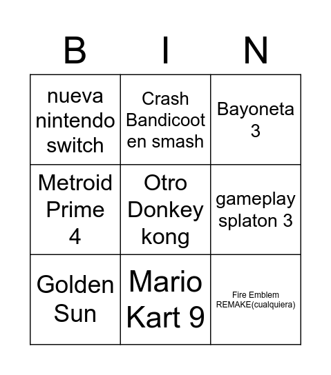 E3 Bingo Nintendo Bingo Card