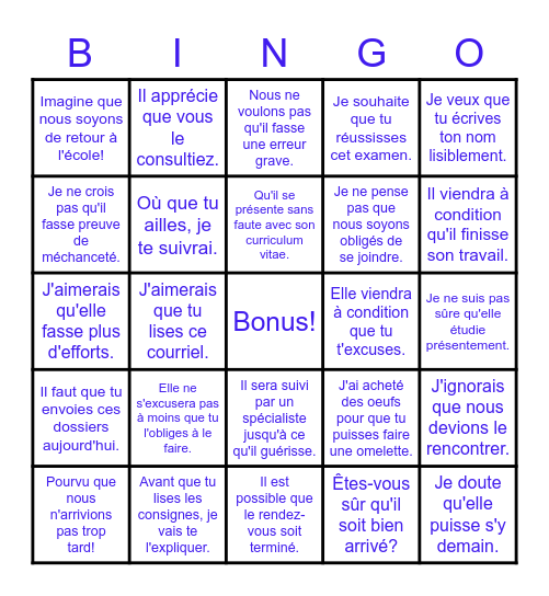 Le subjonctif présent Bingo Card
