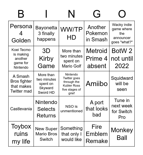 Sadness Bingo Card