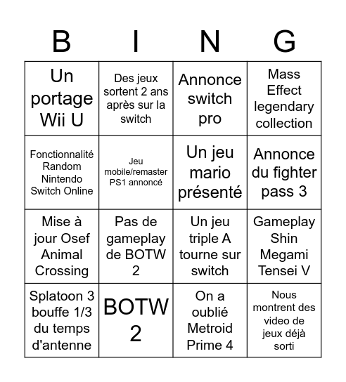 Nintendo est mort Bingo Card