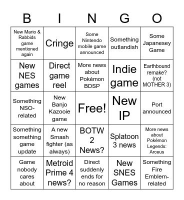 E3 2021 Nintendo Direct Bingo Card