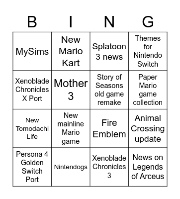 E3 Wishlist Bingo Card