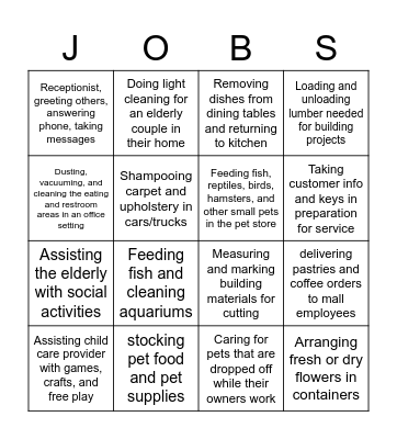 Job Category Bingo Card