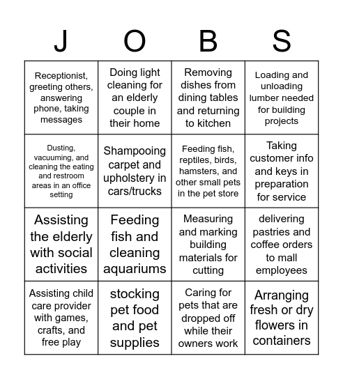 Job Category Bingo Card