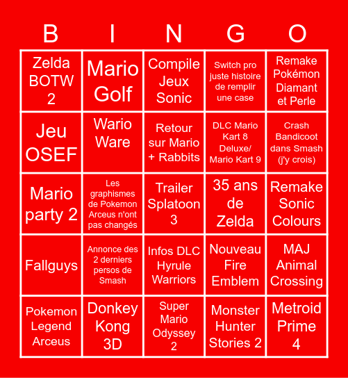 Nintendo Direct E3 - 15 Juin 2021 Bingo Card