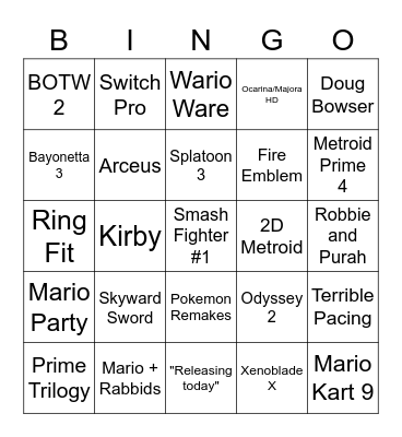 Nintendo E3 Bingo Card