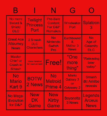 Nintendo E3 Direct Bingo Card