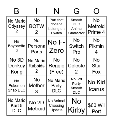 Nintendo E3 Bingo Card