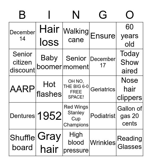 60th Birthday Bingo Card
