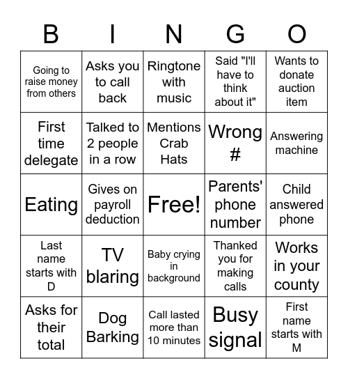 NEA RA PAC Phone bank Bingo Card