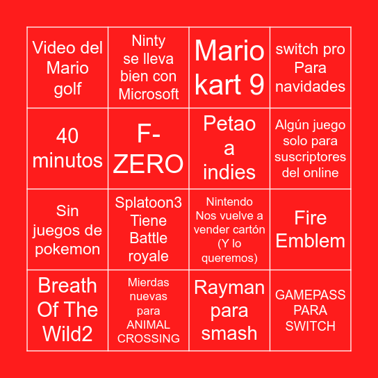 NINTENDO DIRECT Bingo Card