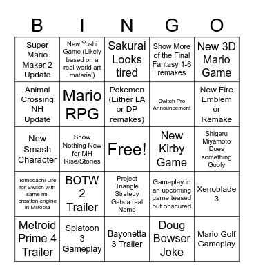 Nintendo E3 Bingo Card