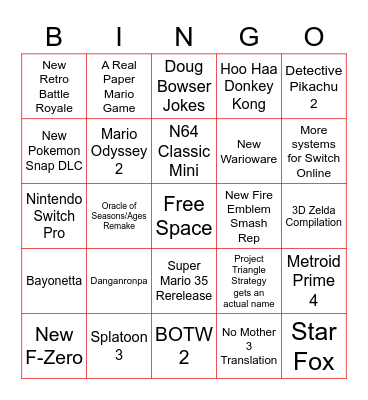 Nintendo E3 Bingo Card