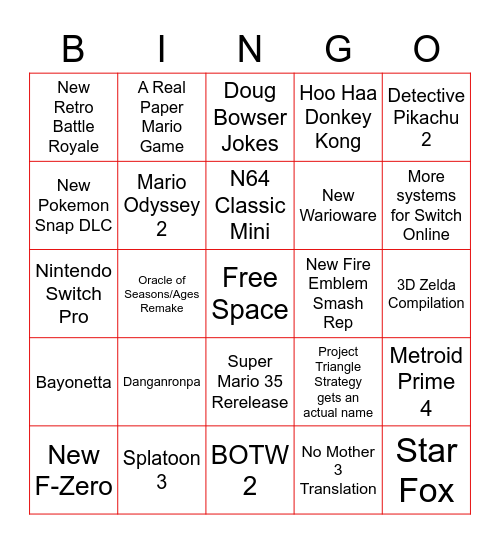 Nintendo E3 Bingo Card