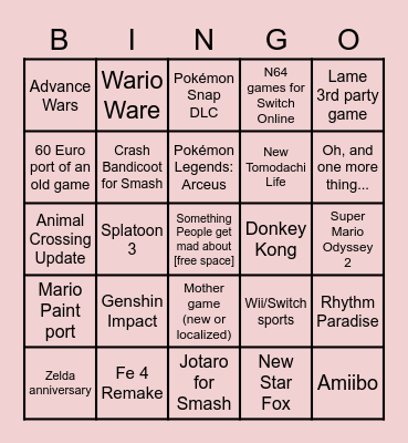 Nintendo E3 Bingo Card