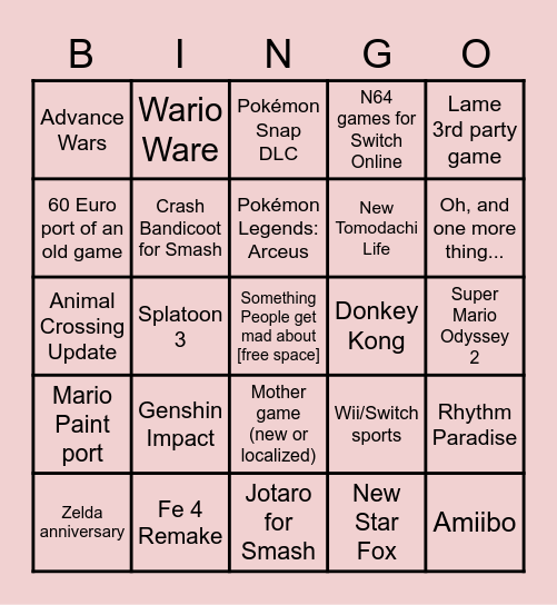 Nintendo E3 Bingo Card