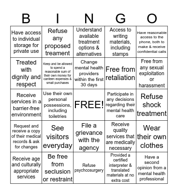 Client Rights Bingo Card