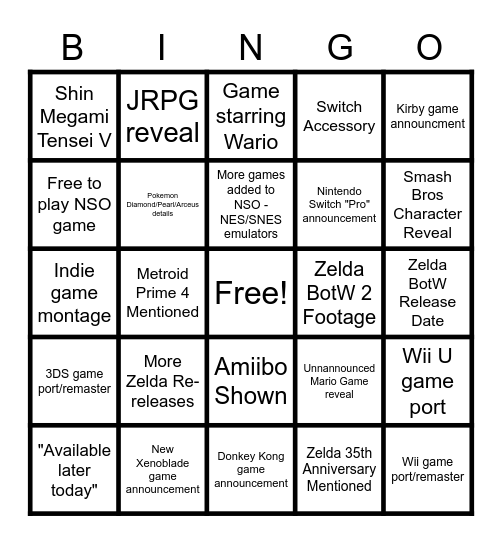 E3 Nintendo Direct Bingo Card